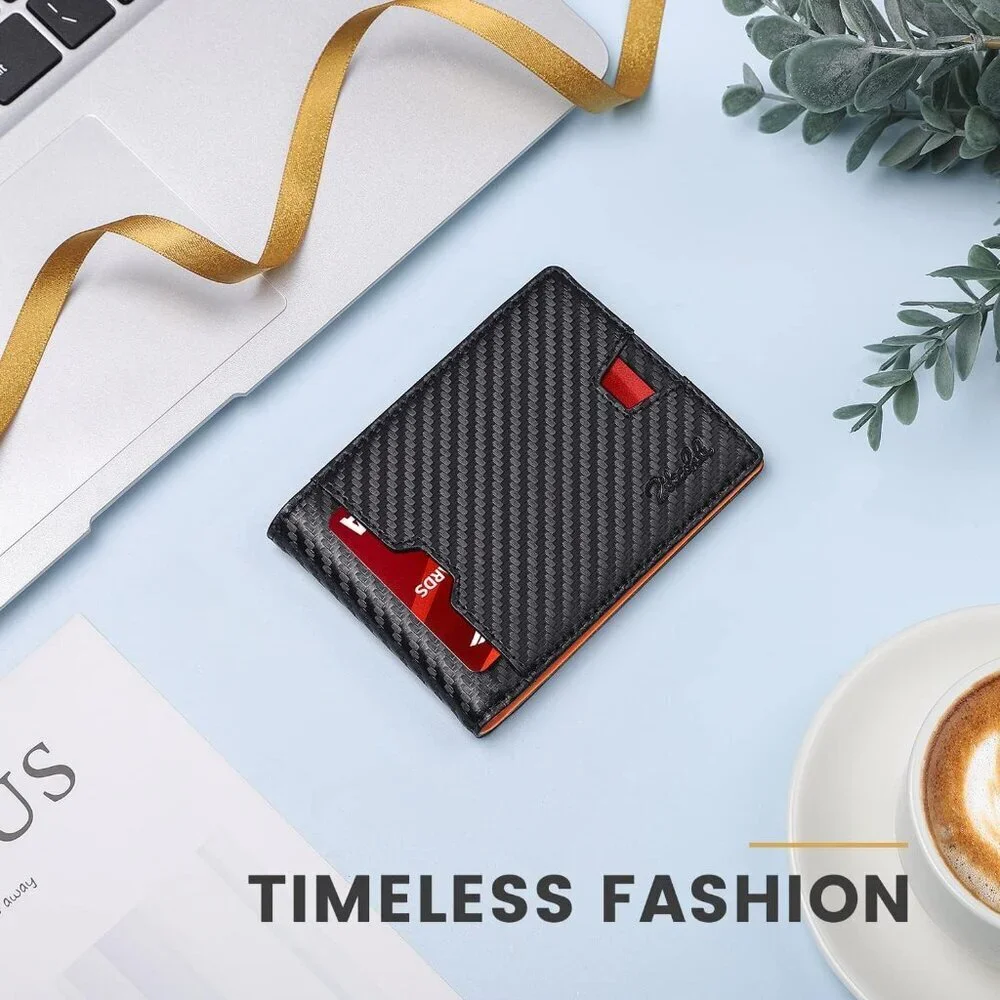 Men's Black Orange Premium Vegan Leather Wallet Slim Blocking Credit Card Design